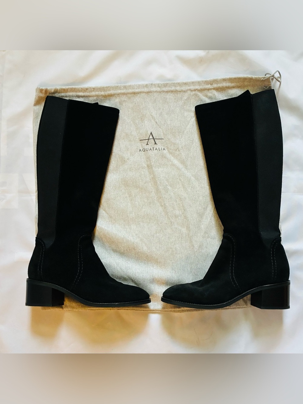 Aquatalia Black Suede Knee-High Heeled Boots